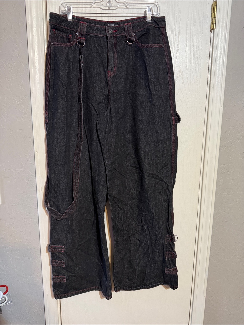 Wide Leg Black Denim Pants with Red Contrast Stitching